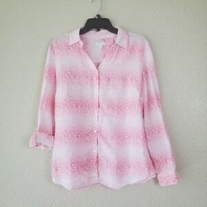 Charter Club 100% linen pink and white floral rolled-up sleeve shirt sz L Button